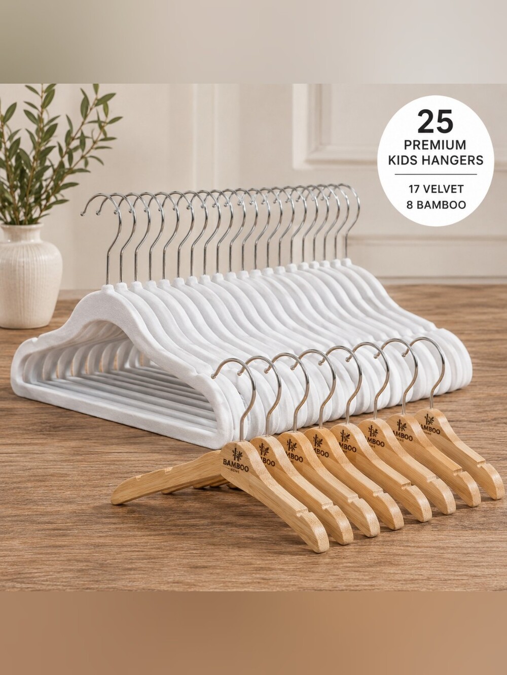 ​25 Kids Hangers Lot White Velvet Rose Gold Hooks & Bamboo Wood Nursery